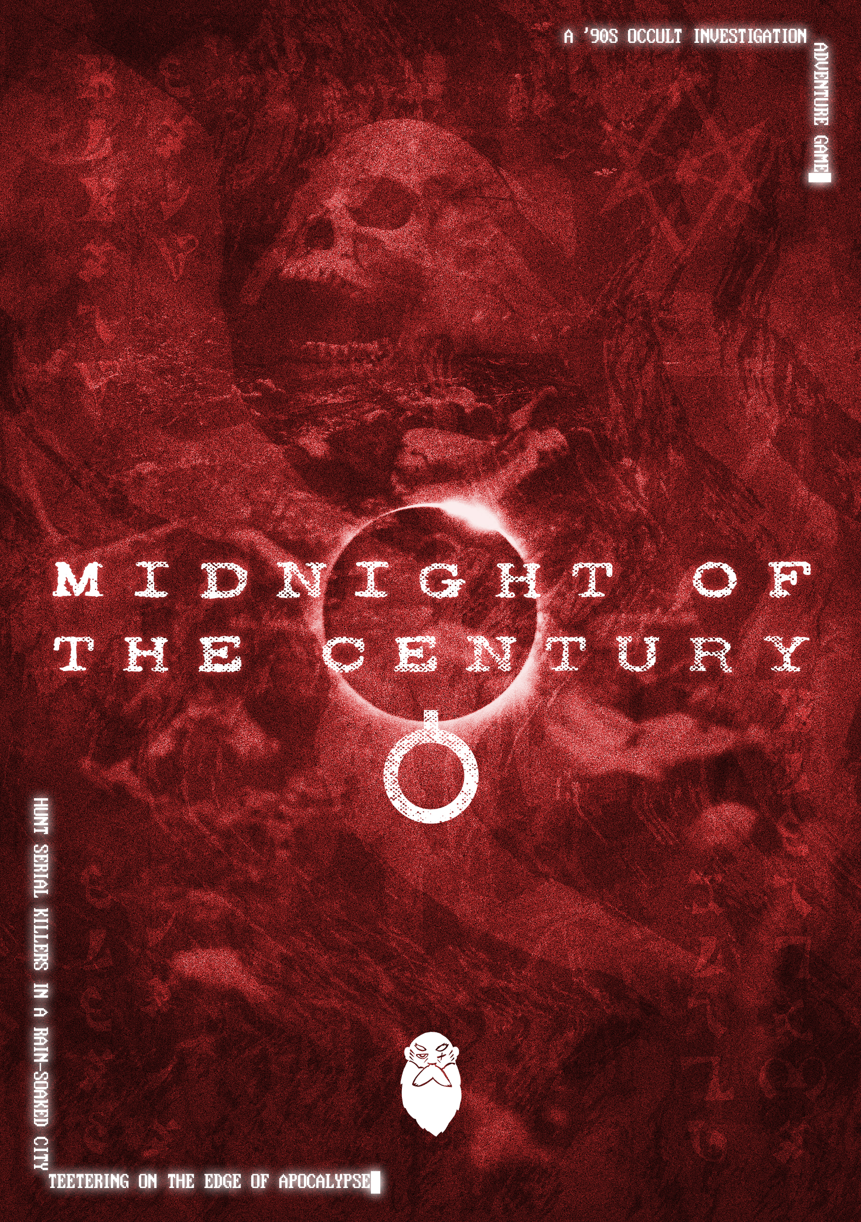 Striking red image with a skull in the foreground. Midnight of the Century. A '90s occult investigation adventure game. Hunt serial killers in a rain-soaked city teetering on the edge of apocalypse. Enochian symbols spell out words in the background.